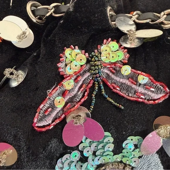 Y2K Black Velvet Sequin Butterfly Shoulder Bag Floral Beaded Boho Purse vintage - Picture 7 of 14